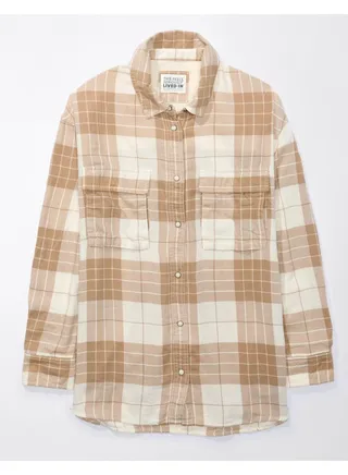 AE Oversized Long-Sleeve Plaid Button-Up Shirt 