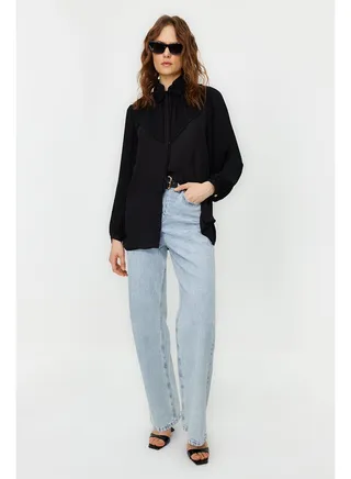 Black Ruffled Chiffon Woven Shirt TCTSS24TG00014 
