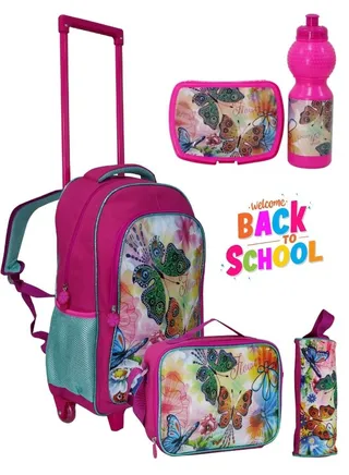 Kids School Trolley Backpack All in one 5 Pcs set Pencil Case, lunch bag water bottle and lunch box for Girls 