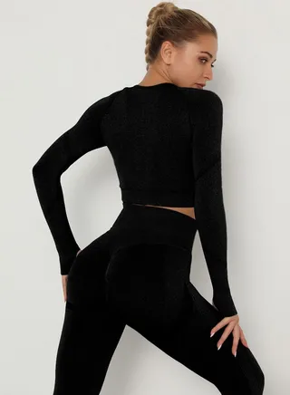 Women Quick Dry Breathable Yoga Long Sleeves T-Shirt Black 