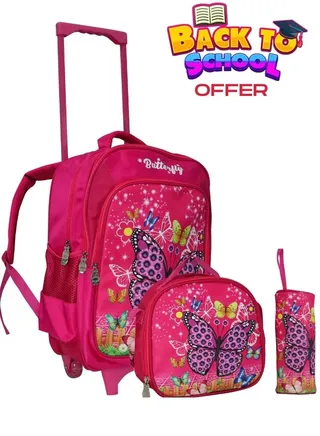 Kids School Trolley Backpack set of 3 With Pencil case and lunch bag for Girls 