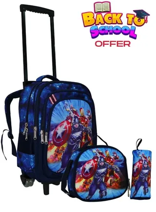 Kids School Trolley Backpack set of 3 With Pencil case and lunch bag for boys and girls 