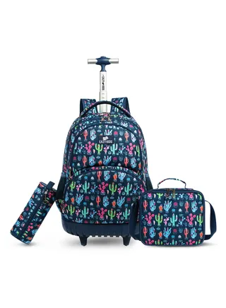 Eazy Kids - 18" Set of 3 Trolley School Bag Lunch Bag & Pencil Case Cacti - Blue 