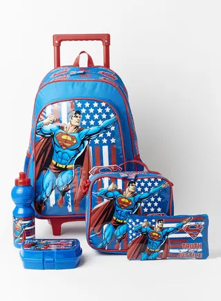 5 Piece Superman Boys Trolley Backpack Set Blue 
