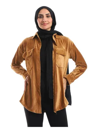 Ribbed Pattern Long Sleeves Velvet Shirt - Havana 