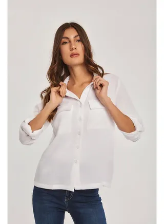Fancy Long Sleeve Cotton Overshirt With Pockets And Collared Neck for Women 