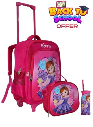 Kids School Trolley Backpack set of 3 With Pencil case and lunch bag for Girls 