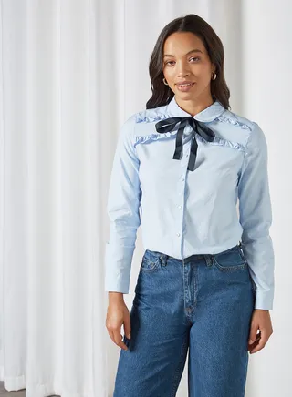 Ruffle Detail Shirt Blue/Dark Navy Tie Trim 