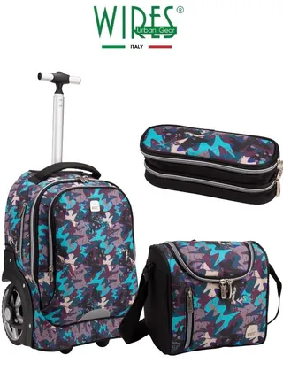 3 Piece Kids School Trolley Bag laptop compartment Big Wheels With Lunch bag & Pencil Case 