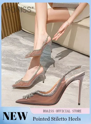 Women Rhinestone Decor Slingbacks PVC Stiletto Heeled Glamorous Pumps Fashion Crystal High Heels Slip On Slingback Pointed Closed Toe Transparent PVC Dress Wedding Sandals Summer Shoes 