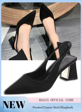 Women's Pointed Thick Heeled Sandals Closed Toe Ankle Strap Frosted Texture Fashionable High Heels 
