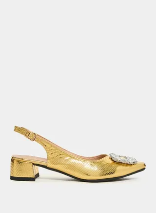 Embellished Trim Heeled Shoes with Buckle Closure