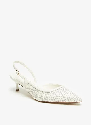 Women's All-Over Monogram Print Pumps with Buckle Closure and Kitten Heels 