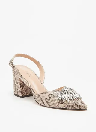 Women'S Embellished Snake Print Block Heel Pumps With Buckle Closure