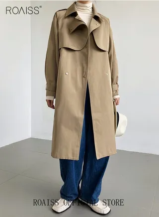Women's Mid-Length Trench Coat With Wide Belt Oversized Lapel Women's Raglan Sleeves Neck Windbreaker Fake Two Pieces Straight Shoulder Long Sleeves 
