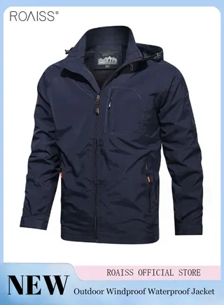 Men's Casual Waterproof Jacket Zipper Closure Hood Windproof Coat Pockets at Sides and Chest 