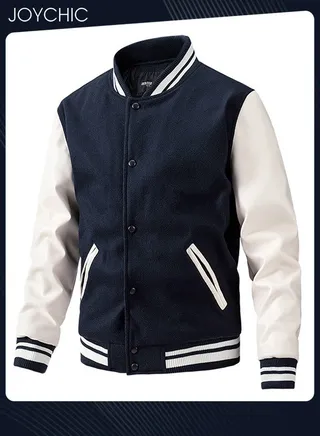 Classic Men's  Spring Autumn and Winter Baseball Uniform Woolen Pu Sleeve Casual Jacket Warm Outwear for Men Youth Teenager Dark Blue+White 