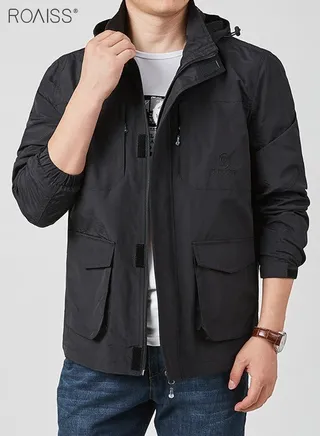 Men'S Casual Loose Windproof Jacket Solid Sports Hoodie Lightweight Outdoor Hiking Zipper Jacket 