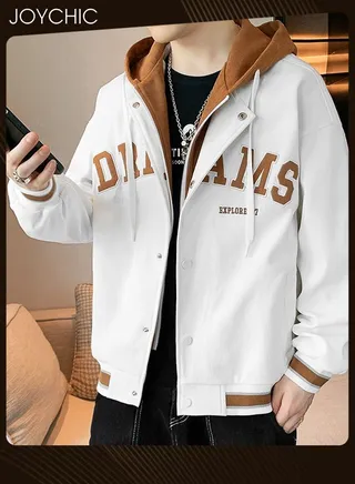 Trendy Spring and Autumn Fake Two-piece Men's Outwear Casual Cotton Baseball Jackets Youth Fashion Warm Windproof Coat with Cap White+Orange 