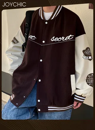 Classic Trendy Spring and Autumn Warm Cotton Coat Men Button Varsity College Baseball Jacket Casual Embroidered Streetwear Coat Coffee 
