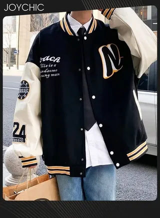 Classic Trendy Autumn and Winter Warm Cotton Coat Mens Button Varsity College Baseball Jacket Casual Embroidered Streetwear Black+White 