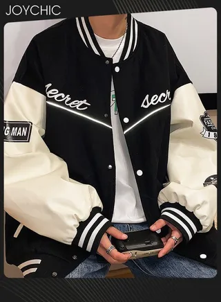 Classic Trendy Autumn and Winter Warm Cotton Outwear Mens Button Varsity College Baseball Jacket Casual Embroidered Streetwear Coat Black 