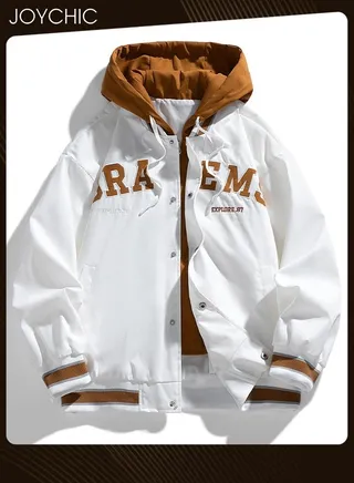 Trendy Autumn and Winter Fake Two-piece Men's Outwear Casual Cotton Baseball Jackets Youth Fashion Warm Windproof Coat with Cap White+Orange 