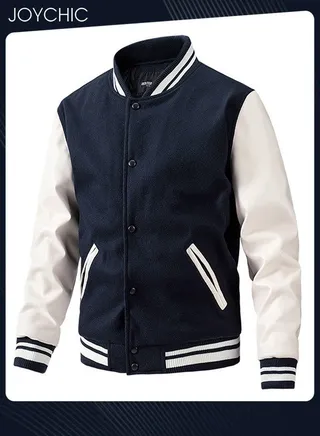 Classic Men's Autumn and Winter Baseball Uniform Woolen Pu Sleeve Casual Jacket Warm Outwear for Men Youth Teenager Dark Blue+White 