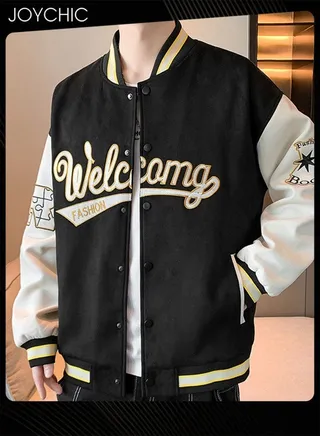 Spring Autumn and Winter Trendy Versatile Letter Embroidered Color-Blocked Baseball Jacket Warm Windproof Uniform Coat for Men 