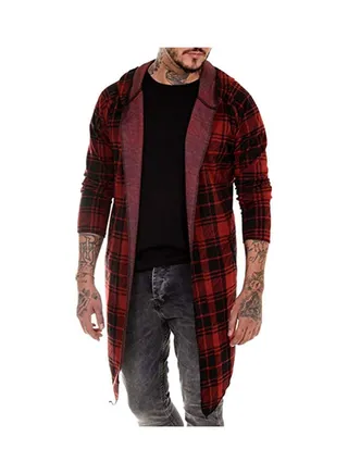 Autumn Fashion Men Plaid Print Long Sleeve Causal Hooded Shirt Coat Red 