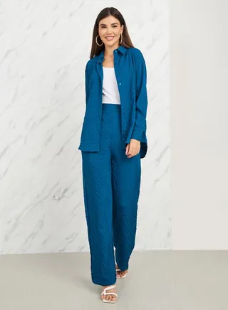 Oversized Textured Button Front Shirt & Pants Co-Ord 