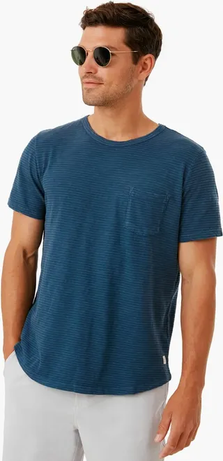 Moon Indigo Heather Gray Stripe Saddle Hem Pocket Tee