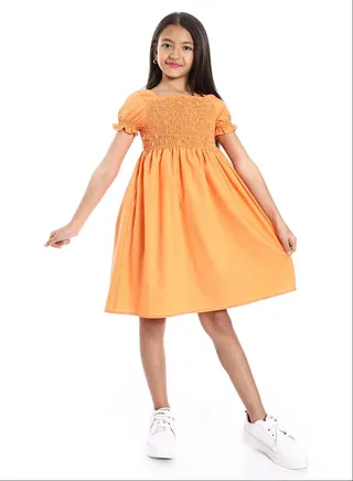 Short Puffed Sleeves Square Neck Orange Girls Dress 