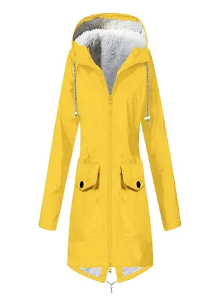 Women Plush Solid Stripe Rain Jacket Outdoor Plus Waterproof Hooded Raincoat Windproof 