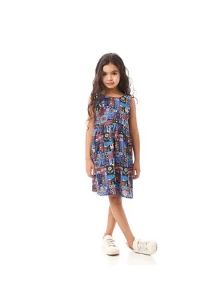 Multi-Printed Bow Girl Dress - Royal Blue 