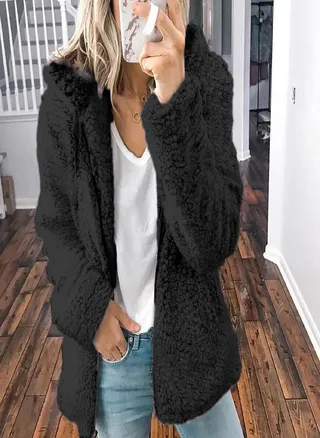 Womens Zip Up Jackets Fleece Fuzzy Hoody Coats Casual Long Sleeve Outerwear Cardigan With Pockets 