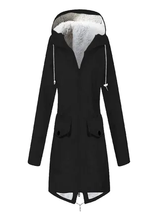 Women Plush Solid Stripe Rain Jacket Outdoor Plus Waterproof Hooded Raincoat Windproof 