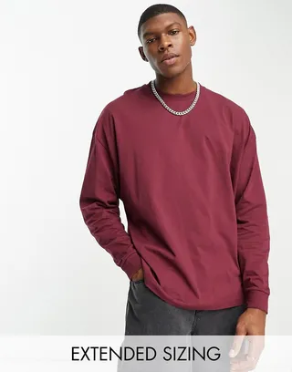 ASOS DESIGN long sleeve oversized t-shirt in burgundy