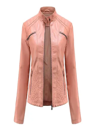 Spring and Autumn Women's Fashion Leisure Stand Collar Leather Jacket European and American Slim Fit Solid Color Jacket 