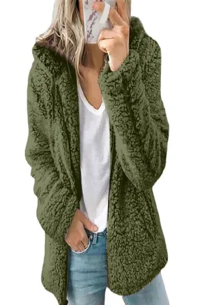 Coats for Women Wool Fur Fluffy Furry Coat Fleece Jackets Hooded Long Sleeve Winter Warmer Plush Fleece Cardigan 
