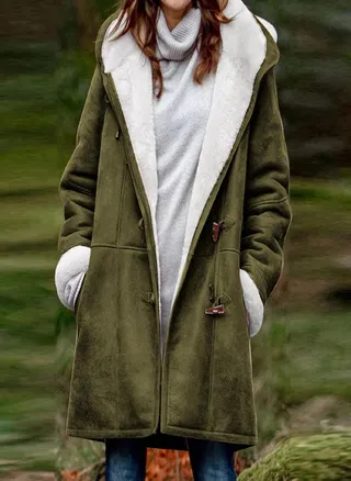 Women's Casual Fashion Loose Solid Color Hat Plus Fleece Collar Pocket Jacket Winter 