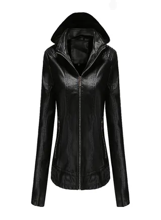 Hooded Leather Jacket Women 'S Zipper Long Sleeve Fleece Leather Jacket European Size Slim Coat 