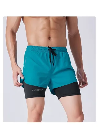 Men's Quick-drying Sports Basketball Marathon Running Fitness Shorts Fake Two Anti-slip Swimming Shorts 