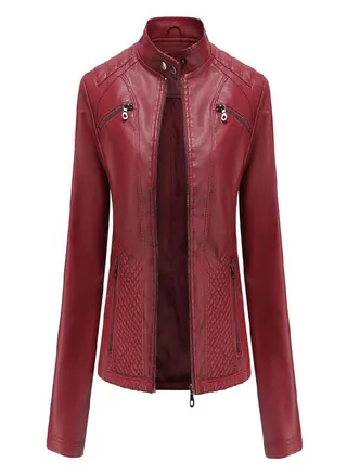 Spring and Autumn Women's Fashion Leisure Stand Collar Leather Jacket European and American Slim Fit Solid Color Jacket 