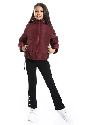 Zipper Closure Hooded Waterproof Girls Jacket_Burgundy 