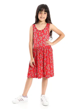 Girls Soft & Comfy Sleeveless Floral Dress - Red 
