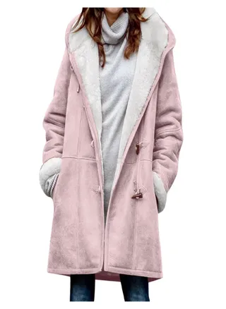Women's Casual Fashion Loose Solid Color Hat Plus Fleece Collar Pocket Jacket Winter 