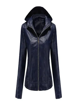 Hooded Leather Jacket Women 'S Zipper Long Sleeve Fleece Leather Jacket European Size Slim Coat 
