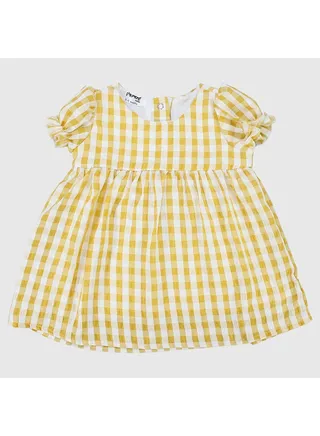 Yellow Checkered Short-Sleeved Dress 