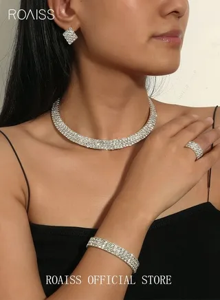 4 Pcs Rhinestone Choker Bracelet Ring Earrings Studs Set Three Row Round Diamond Collar Necklace Bridal Evening Dress Accessories for Women Silver/Clear 